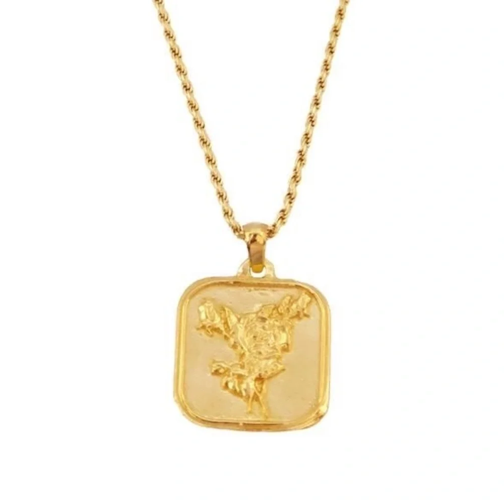 14k Gold Vermeil Nalin Studios Shiny Gold “Rose” Square Coin Medallion Necklace - Picture 1 of 10